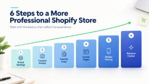 Six rising steps showing quick wins from brand settings to removing clutter