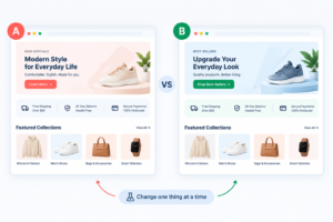 Two homepage versions labeled A and B to illustrate testing one change at a time