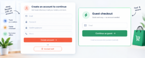 Account creation form blocking checkout compared with a prominent continue-as-guest button