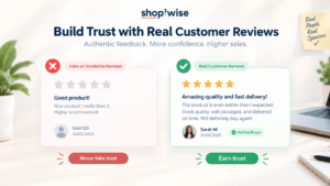 Fake reviews and badges marked with a cross versus real reviews and policies marked with a check