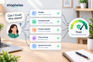Infographic showing five factors that build trust in a Shopify store: professional design, company information, clear product details, transparent pricing, and website speed and security.