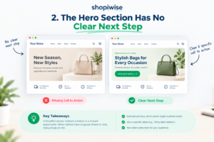 Shopify homepage hero section comparison showing a missing call-to-action button versus a clear “Shop Best-Sellers” button to guide visitors toward shopping. 