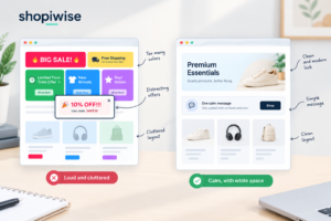 Cluttered store page with neon colors and a popup compared with a calm layout with white space