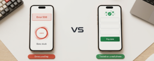 Phone showing a server error and stuck loading compared with a clean tested checkout on a phone