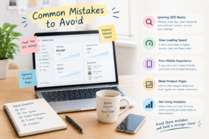 Infographic highlighting common Shopify store mistakes, including poor SEO, slow loading speed, weak product pages, poor mobile experience, and not tracking analytics.