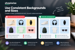 Grid of product photos with mismatched backgrounds and sizes beside a uniform grid with one ratio and background