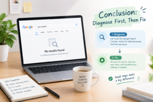 Shopify SEO indexing issues illustrated with Google search results, showing how to diagnose website problems, fix errors, optimize product pages, and improve Google visibility.