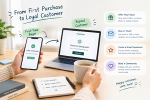 Illustration of a delivered parcel with a loop arrow back to an online store, showing first-time buyers becoming repeat customers