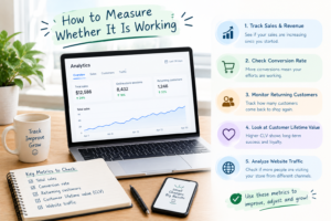 Ecommerce analytics dashboard showing sales revenue, conversion rate, returning customers, customer lifetime value, and website traffic to measure online store performance.