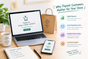 Infographic showing why repeat customers matter for an ecommerce store, highlighting higher revenue, lower customer acquisition costs, stronger brand loyalty, and long-term business growth.