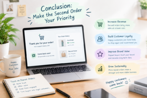 Ecommerce infographic showing how to encourage second purchases, build customer loyalty, increase repeat sales, strengthen brand value, and support sustainable business growth.