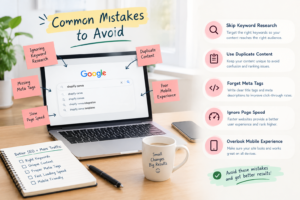 Infographic showing common Shopify SEO mistakes to avoid, including missing meta tags, duplicate content, poor mobile experience, slow page speed, and weak keyword research.