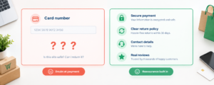 Payment form with question marks about safety and returns compared with trust cues like secure payment and clear returns