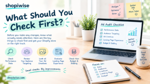 Illustration of a checklist with three ticked items showing the order of a Shopify ads audit