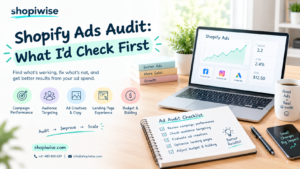 Shopify ads audit infographic showing campaign performance, audience targeting, ad creatives,