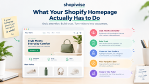 Infographic showing what a Shopify homepage needs to convert visitors into customers, including clear messaging, trust signals, product displays, easy navigation, and strong calls to action.