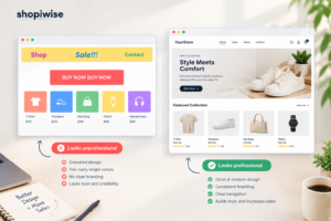 Side-by-side illustration of a messy, mismatched Shopify store and a clean, consistent one