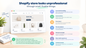 Clean Shopify store next to a star rating and a trust shield