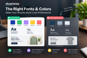 Comparison of a store using six colors and three fonts with one using a consistent three-color, two-font system