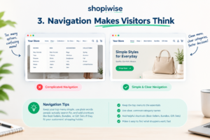 Comparison of a cluttered store menu with a clean five-link navigation bar