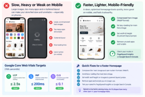 Phone with a stopwatch beside Google's good Core Web Vitals thresholds for LCP, INP, and CLS