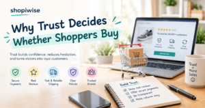 Shopiwise ecommerce infographic showing how secure payments, genuine customer reviews, reliable shipping, clear return policies, and trusted branding build customer trust and encourage online purchases.