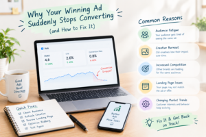 Infographic showing why successful ecommerce ads stop converting, including audience fatigue, creative burnout, increased competition, landing page issues, and changing market trends.