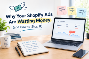Infographic showing why Shopify ads waste money, with declining ROAS and conversions, and tips to improve audience targeting, refresh ad creatives, optimize landing pages, and track ad performance.