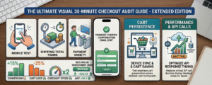 Checklist of five checkout audit steps beside a phone showing a checkout form