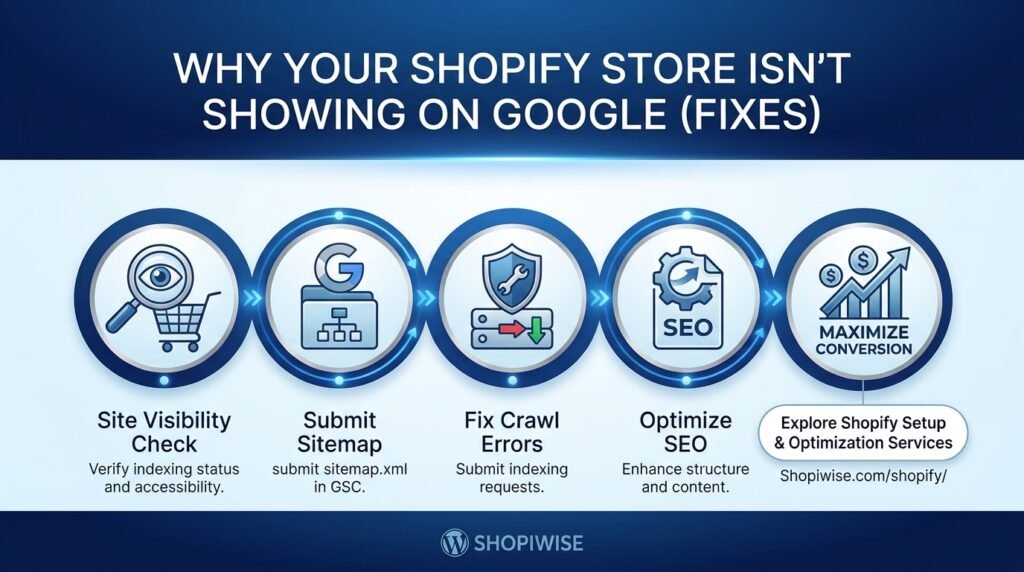 Shopify store search visibility troubleshooting infographic in blue color for featured image