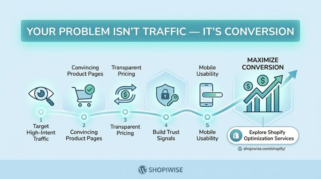 Shopify conversion vs traffic optimization concept infographic for featured image