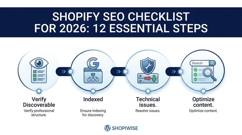 Shopify SEO checklist for 2026 12 essential steps infographic
