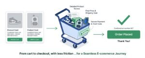 Product cards, a shopping cart, and an arrow leading to an order placed confirmation