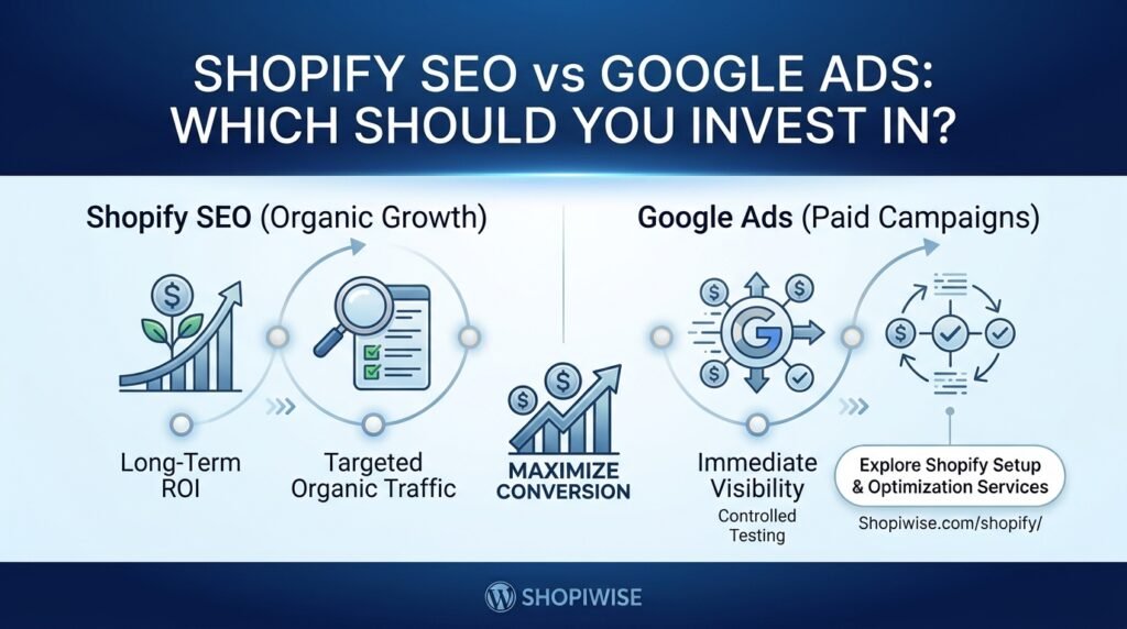 Shopify SEO vs Google Ads comparison infographic banner