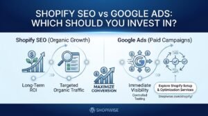 Shopify SEO vs Google Ads comparison infographic banner
