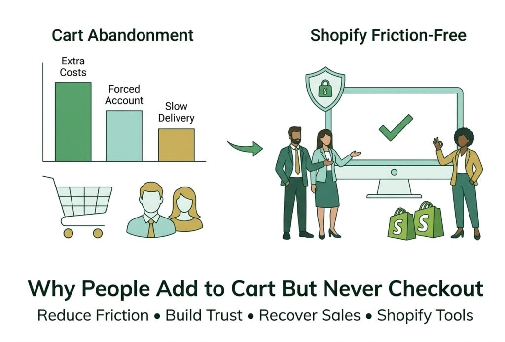 Shopify cart abandonment chart and friction-free checkout illustration
