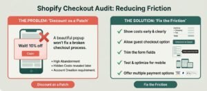 A discount popup over a broken checkout marked wrong, versus four friction fixes marked right