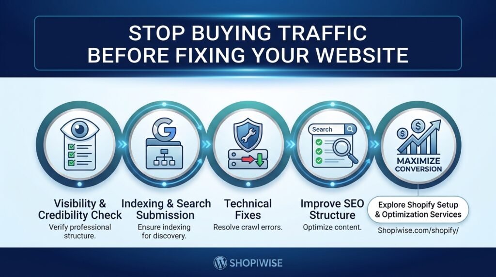 Fix website before buying traffic infographic for Shopify stores
