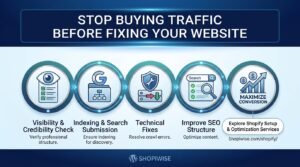 Fix website before buying traffic infographic for Shopify stores